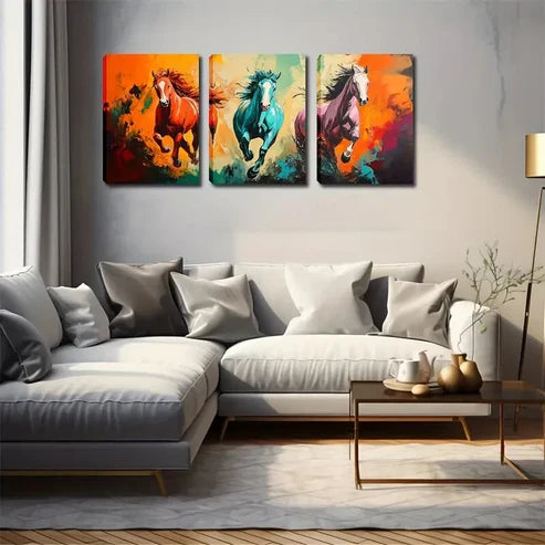 3pcs Running Forward Horse Figurative Style Wall Art Set Canvas Unframed - High Quality Print 100% Australian Made Wall Canvas