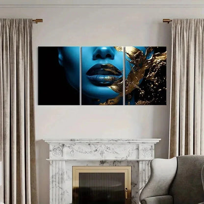 3pcs Golden Lips Abstract Blue Face Wall Art Set Canvas Framed 50x70cm - High Quality Print 100% Australian Made Wall Canvas Ready to Hang - Bella Home Decor