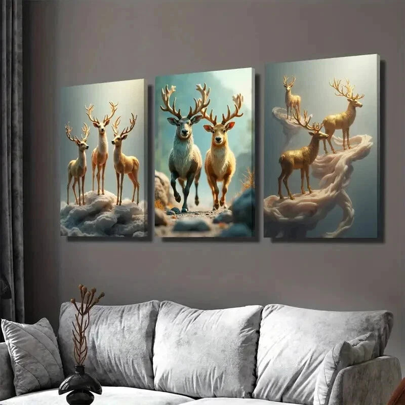 3pcs Deer Forest Elegant Classic Paintings Wall Art Set Canvas Framed 50x70cm - High Quality Print 100% Australian Made Wall Canvas Ready to Hang
