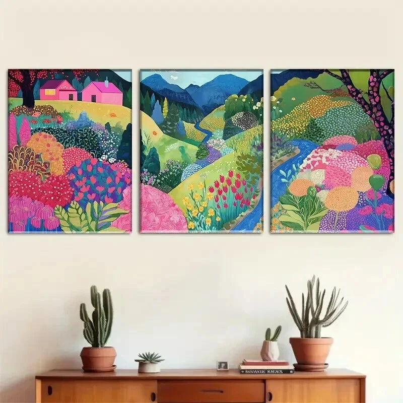 3pcs Colorful Countryside Flowers Hills Perfect Wall Art Set Canvas Framed 50x70cm - High Quality Print 100% Australian Made Wall Canvas Ready to Hang - Bella Home Decor