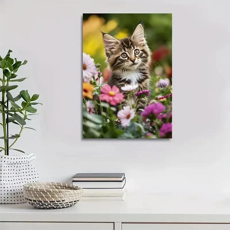 Adorable Maine Coon Kitten with Vibrant Flowers 40x60cm Metal Print Ready to Hang - Bella Home Decor
