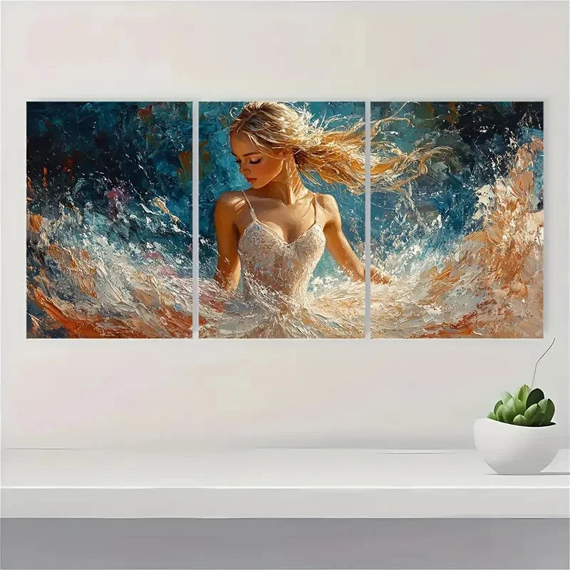 3pcs White Dress Blue & Golden Dance T Wall Art Set Canvas Framed 40x60cm - High Quality Print 100% Australian Made Wall Canvas Ready to Hang - Bella Home Decor