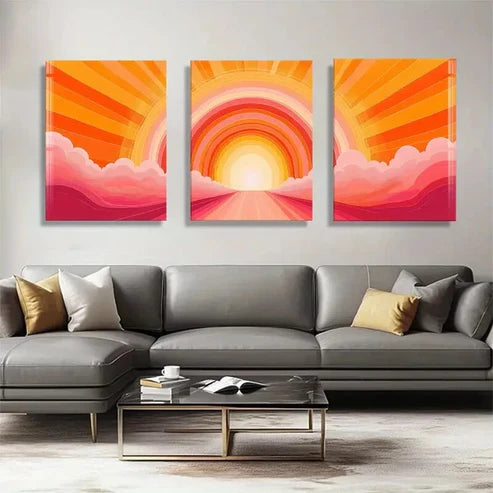 3pcs Vibrant Abstract Sunburst Sunrise Perfect Wall Art Canvas Unframed - High Quality Print 100% Australian Made Wall Canvas