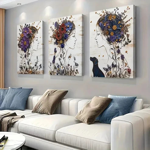 3pcs Women with Flower Crowns and Dog Wall Art Canvas Unframed - High Quality Print 100% Australian Made Wall Canvas