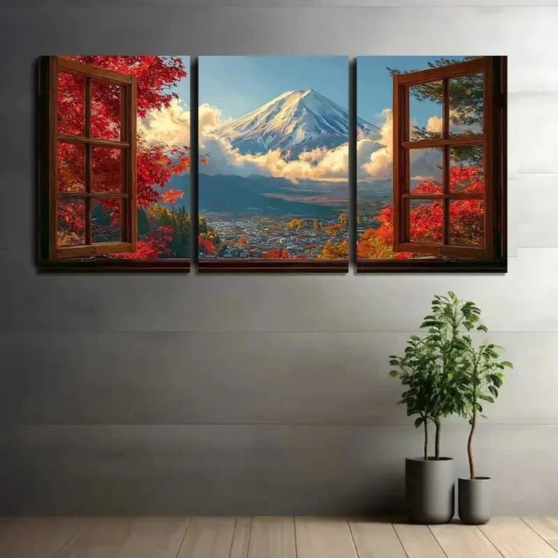 3pcs Autumn Leaves Open Window Metal Print Ready to Hang Art - Bella Home Decor