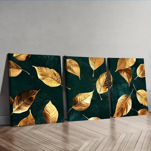 3pcs Dark Green Golden Leaves Design Wall Art Canvas Unframed - High Quality Print 100% Australian Made Wall Canvas - Bella Home Decor