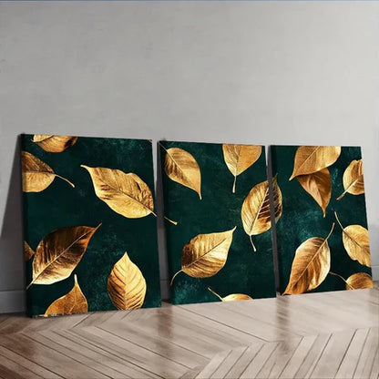 3pcs Dark Green Golden Leaves Design Wall Art Canvas Unframed - High Quality Print 100% Australian Made Wall Canvas - Bella Home Decor