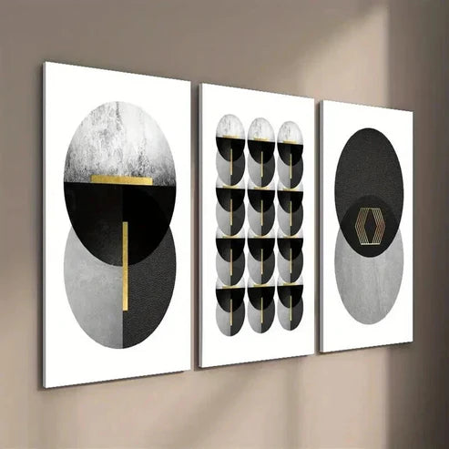 3pcs Black White and Golden Geometric Wall Art Set Canvas Unframed - High Quality Print 100% Australian Made Wall Canvas - Bella Home Decor