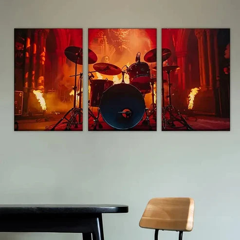 3pcs Burning Drum Set in a Dimly Lit Space Wall Art Set Canvas Unframed - High Quality Print 100% Australian Made Wall Canvas - Bella Home Decor