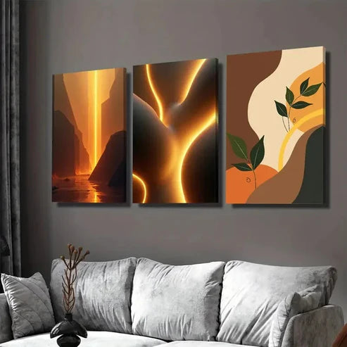 3pcs Modern Abstract Golden Landscape Vibrant Art Set Canvas Unframed - High Quality Print 100% Australian Made Wall Canvas