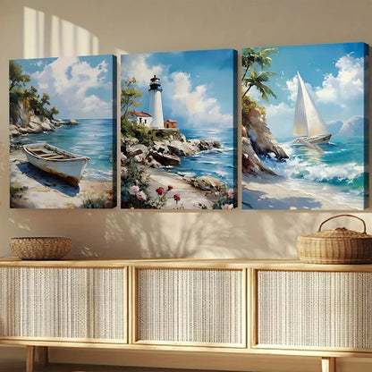 3pcs Beach House Light House Sail Boat Blue Sky Wall Art Set Canvas Unframed - High Quality Print 100% Australian Made Wall Canvas - Bella Home Decor