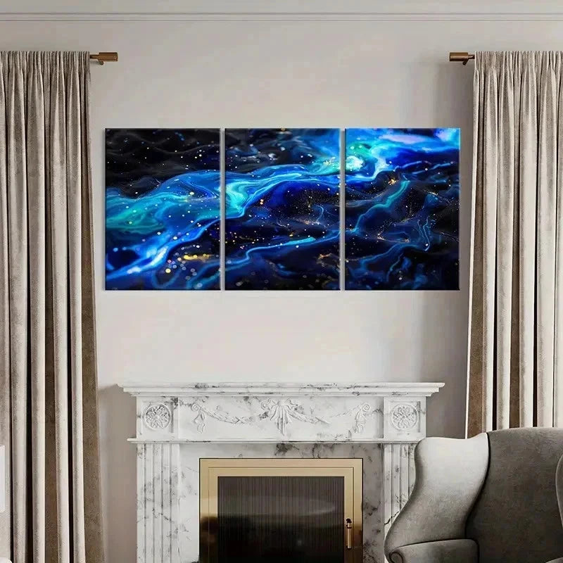 3pcs Vibrant Blue and Golden Swirls Wall Art Set Canvas Framed 50x70cm - High Quality Print 100% Australian Made Wall Canvas Ready to Hang