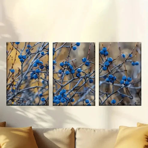 3pcs Blue Berry Branches, Abstract Encaustic Wall Art Canvas Unframed - High Quality Print 100% Australian Made Wall Canvas