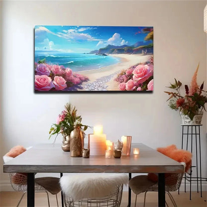 Coastal Landscape Pink Rose Wall Art Canvas Office Home Room Framed 120x60cm