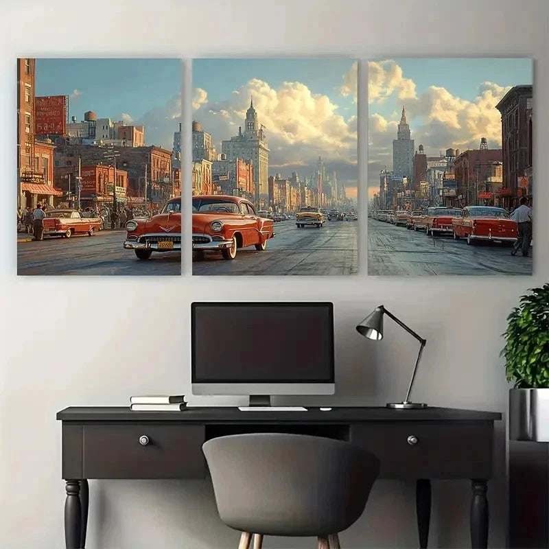 3pcs Vintage Street Scene Perfect Wall Art Set Canvas Framed 50x70cm - High Quality Print 100% Australian Made Wall Canvas Ready to Hang