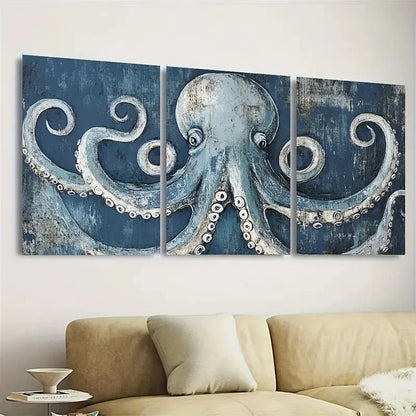 3pcs Blue Octopus Art Nautical Wall Art Set Canvas Framed 60x90cm - High Quality Print 100% Australian Made Wall Canvas Ready to Hang - Bella Home Decor