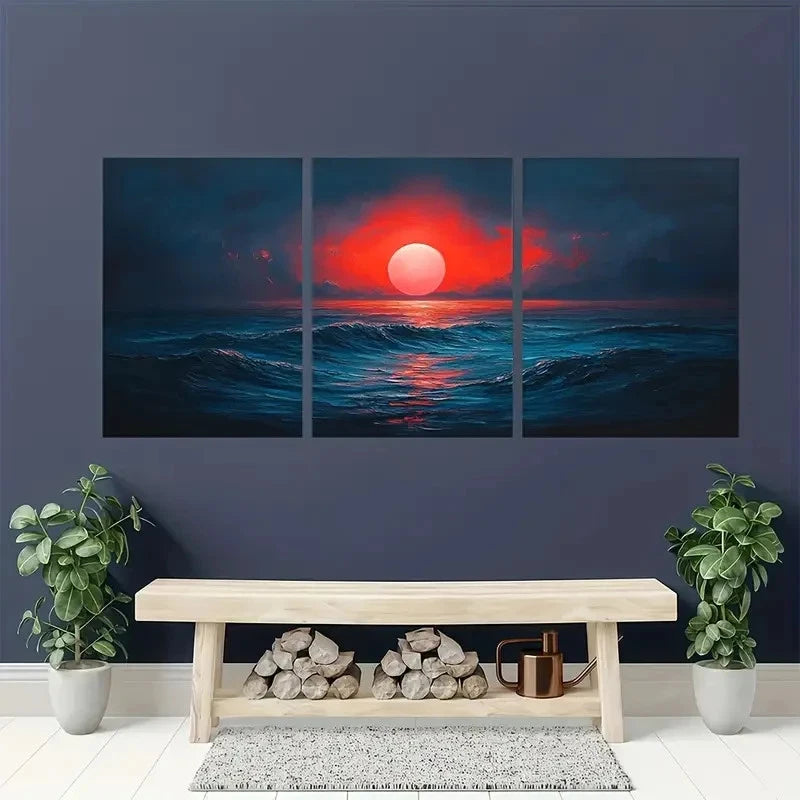 3pcs Mid Century Modern Sunset Wall Art Set Canvas Framed 40x60cm - High Quality Print 100% Australian Made Wall Canvas Ready to Hang