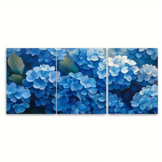 3pcs Spring Blue Hydrangea Flowers Metal Print Ready to Hang Art