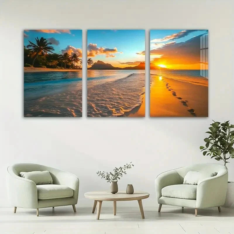 3pcs Tropical Beach Sunset Modern Seascape Metal Print Ready to Hang Art - Bella Home Decor