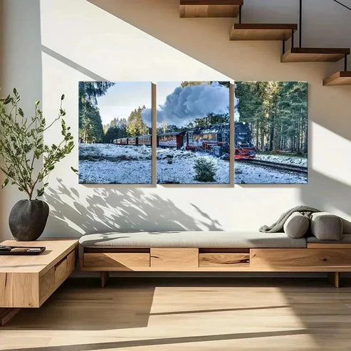 3pcs Snowy Forest & Steam Train Landscape Wall Art Canvas Unframed - High Quality Print 100% Australian Made Wall Canvas