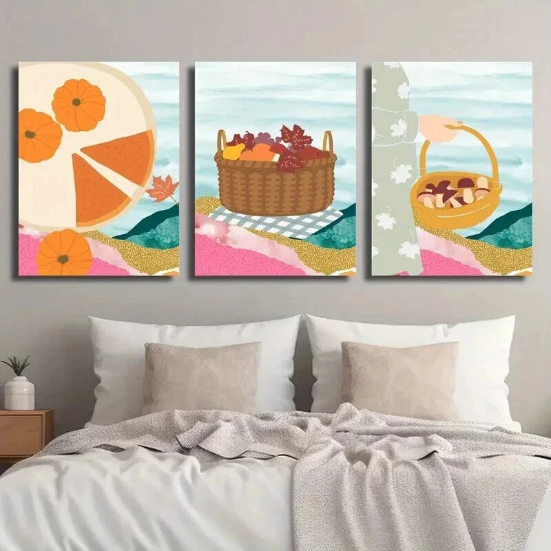 3pcs Autumn Leaves Fruit Basket Illustration Wall Art Set Canvas Framed 50x70cm - High Quality Print 100% Australian Made Wall Canvas Ready to Hang