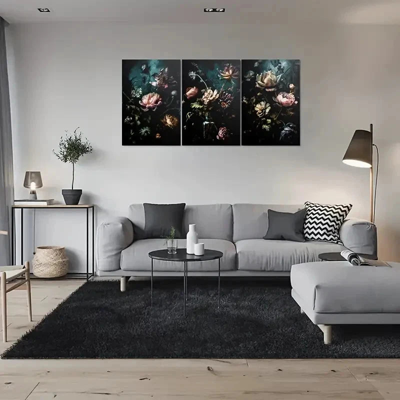 3pcs Dark Floral Elegant with Peonies and Roses Metal Print Ready to Hang Art - Bella Home Decor