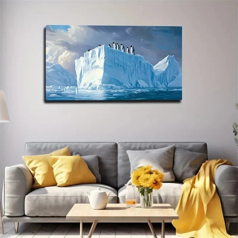 Penguins In Antarctica Icebergs Wall Art Canvas Office Home Room Framed 120x60cm