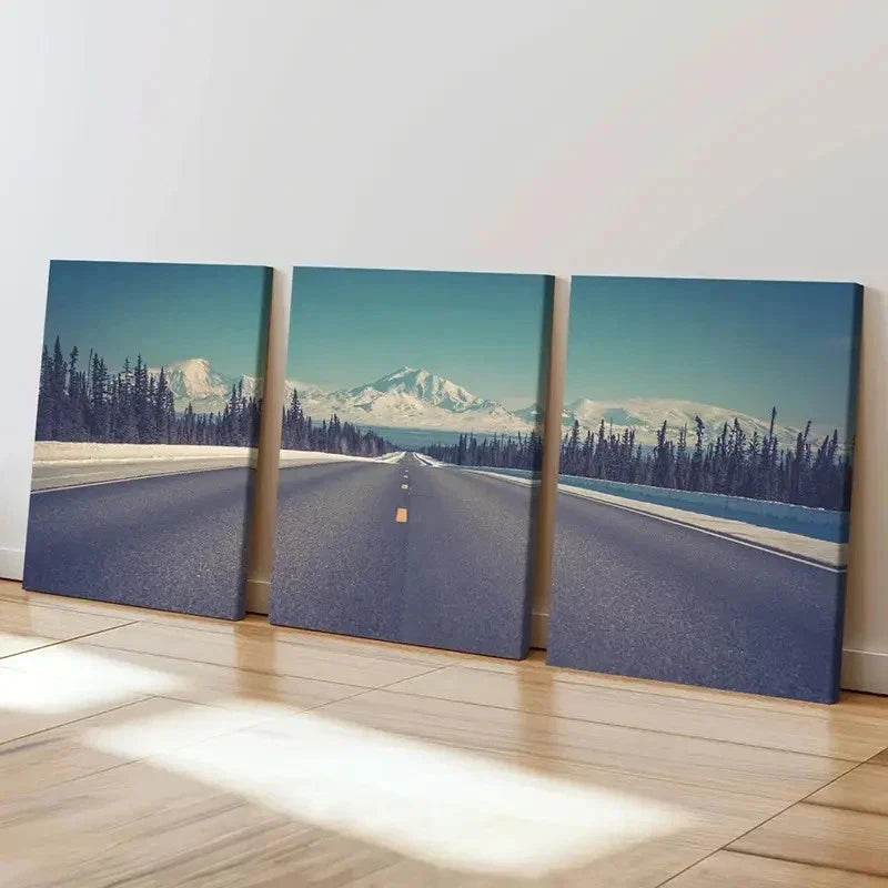 3pcs Snowy Mountains Road and Trees Wall Art Set Canvas Framed 60x90cm - High Quality Print 100% Australian Made Wall Canvas Ready to Hang - Bella Home Decor