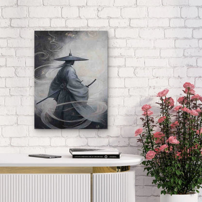 Elegant Samurai in Hat Serene Swirling Design 40x60cm Metal Print Ready to Hang - Bella Home Decor