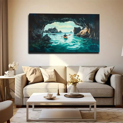 Serene Mountain Cave Turquoise Wall Art Canvas Office Home Room Framed 120x60cm