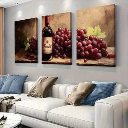 3pcs Wine Bottle and Grapes Rustic Kitchen Wall Art Canvas Unframed - High Quality Print 100% Australian Made Wall Canvas