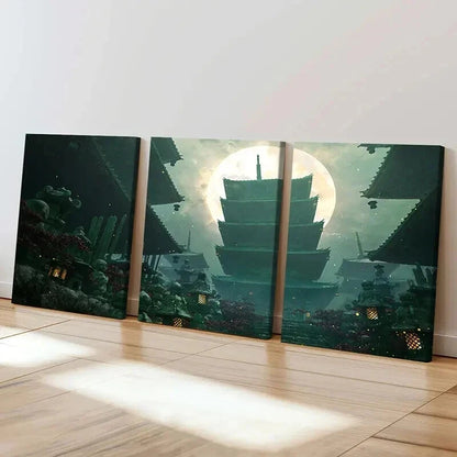 3pcs Japanese Style Shrine & Moon Landscape Wall Art Set Canvas Framed 40x60cm - High Quality Print 100% Australian Made Wall Canvas Ready to Hang - Bella Home Decor