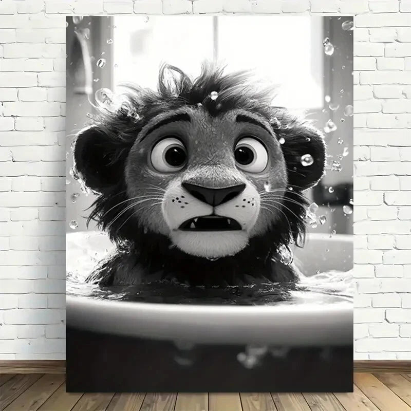 Beautiful Whimsical Lion Bath Time Painting 40x60cm Metal Print Ready to Hang - Bella Home Decor