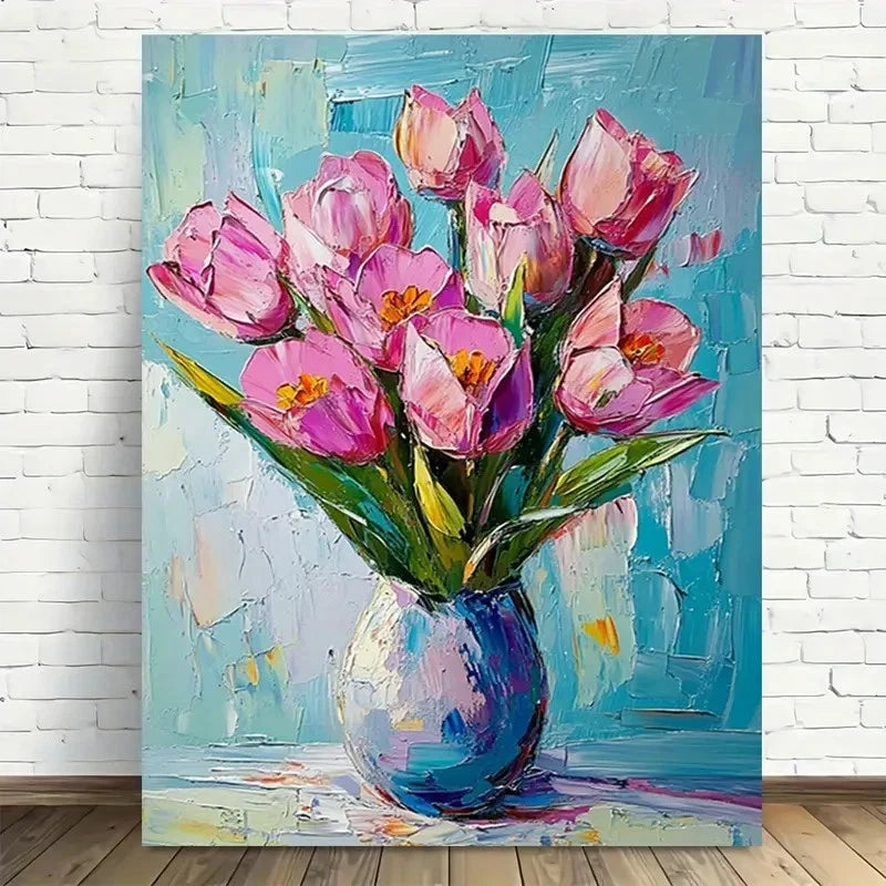 Beautiful Vibrant Tulips In Blue Vase Painting 40x60cm Metal Print Ready to Hang - Bella Home Decor