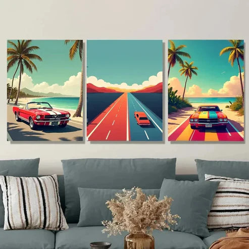 3pcs Vintage Car Coastal Road Beach Palm Trees Wall Art Set Canvas Unframed - High Quality Print 100% Australian Made Wall Canvas