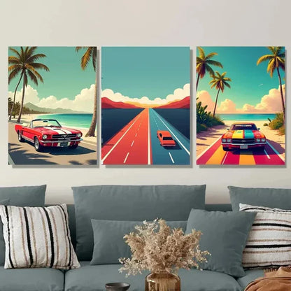 3pcs Vintage Car Coastal Road Beach Palm Trees Wall Art Set Canvas Unframed - High Quality Print 100% Australian Made Wall Canvas