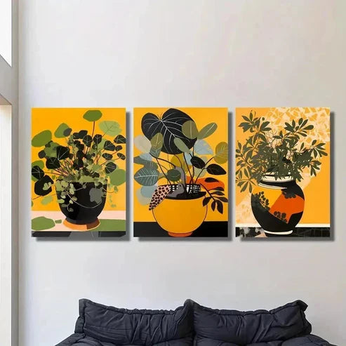 3pcs Green Leaves Plant Pot Painting Wall Art Set Canvas Unframed - High Quality Print 100% Australian Made Wall Canvas