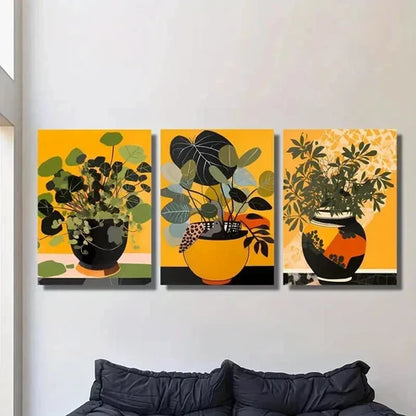 3pcs Green Leaves Plant Pot Painting Wall Art Set Canvas Unframed - High Quality Print 100% Australian Made Wall Canvas