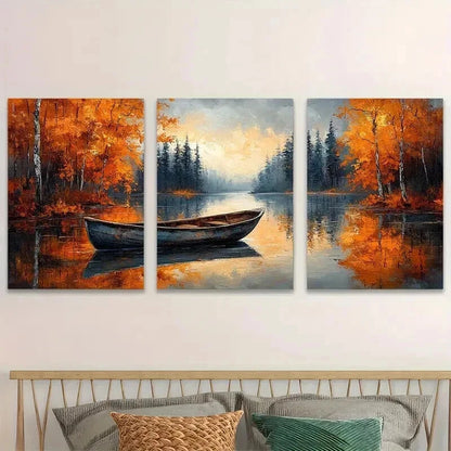 3pcs Autumn River Boat Rustic Fall Perfect Wall Art Set Canvas Framed 50x70cm - High Quality Print 100% Australian Made Wall Canvas Ready to Hang - Bella Home Decor