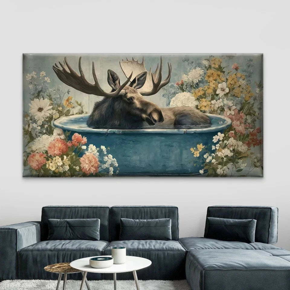 Moose in Bathtub with Flowers Wall Art Canvas Office Home Room Framed 120x60cm