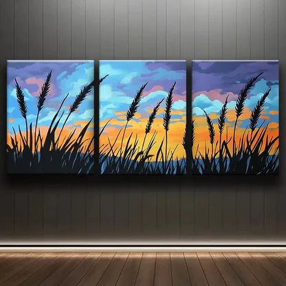 3pcs Sunset Grass Silhouettes Shine Nature Wall Art Set Canvas Unframed - High Quality Print 100% Australian Made Wall Canvas