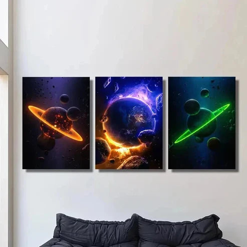 3pcs Abstract Colorful Space Planets Wall Art Set Canvas Unframed - High Quality Print 100% Australian Made Wall Canvas - Bella Home Decor