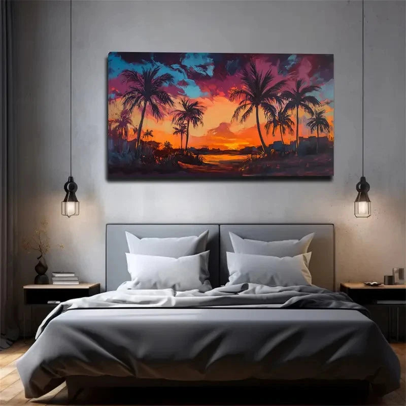 Retro Tropical Dusk Vibrant Wall Art Canvas Office Home Room Framed 120x60cm