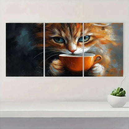 3pcs Cat Drinking Coffee Pet Abstract Modern Metal Print Ready to Hang Art - Bella Home Decor