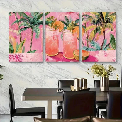 3pcs Pink Coconut Cocktail Print Preppy Perfect Wall Art Set Canvas Framed 50x70cm - High Quality Print 100% Australian Made Wall Canvas Ready to Hang