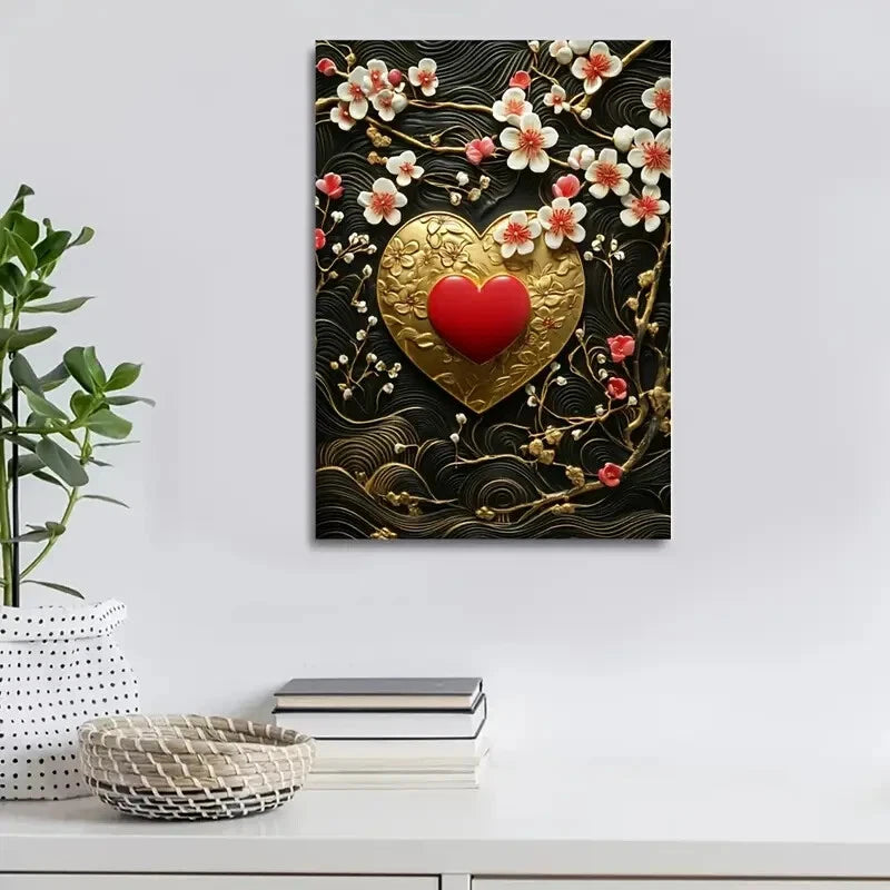 Beautiful Heart Blossoms Golden Painting 40x60cm Metal Print Ready to Hang - Bella Home Decor