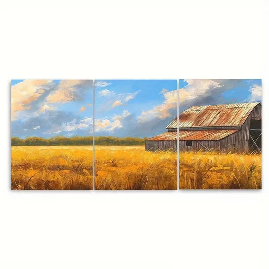 3pcs Wooden Barn & Golden Wheat Field Wall Art Set Canvas Framed 50x70cm - High Quality Print 100% Australian Made Wall Canvas Ready to Hang