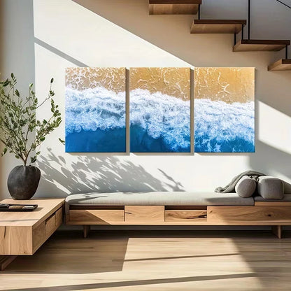 3pcs Ocean Waves, Sandy Beach Nature  Wall Art Set Canvas Framed 50x70cm - High Quality Print 100% Australian Made Wall Canvas Ready to Hang