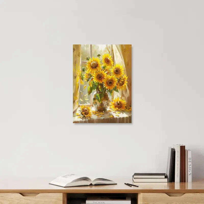 Canvas print of sunflowers on a wall above a shelf with books and an open book.