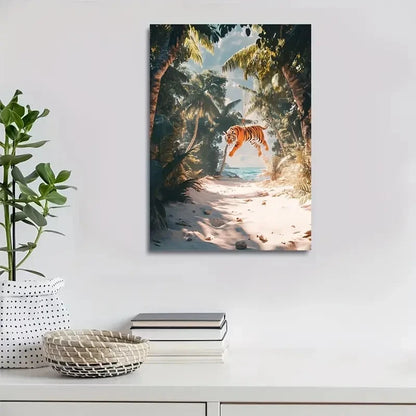 Swinging Tiger on Sandy Beach Scene Painting 40x60cm Metal Print Ready to Hang - Bella Home Decor
